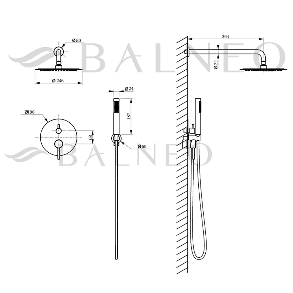 Balneo Système de douche avec pommeau de pluie or brillant Acier inoxydable - Mitigeur de douche avec douchette CASCADE