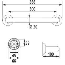 Pellet Barre d'appui droite aluminium blanc - 300 mm - Diamètre 30 mm - ASC