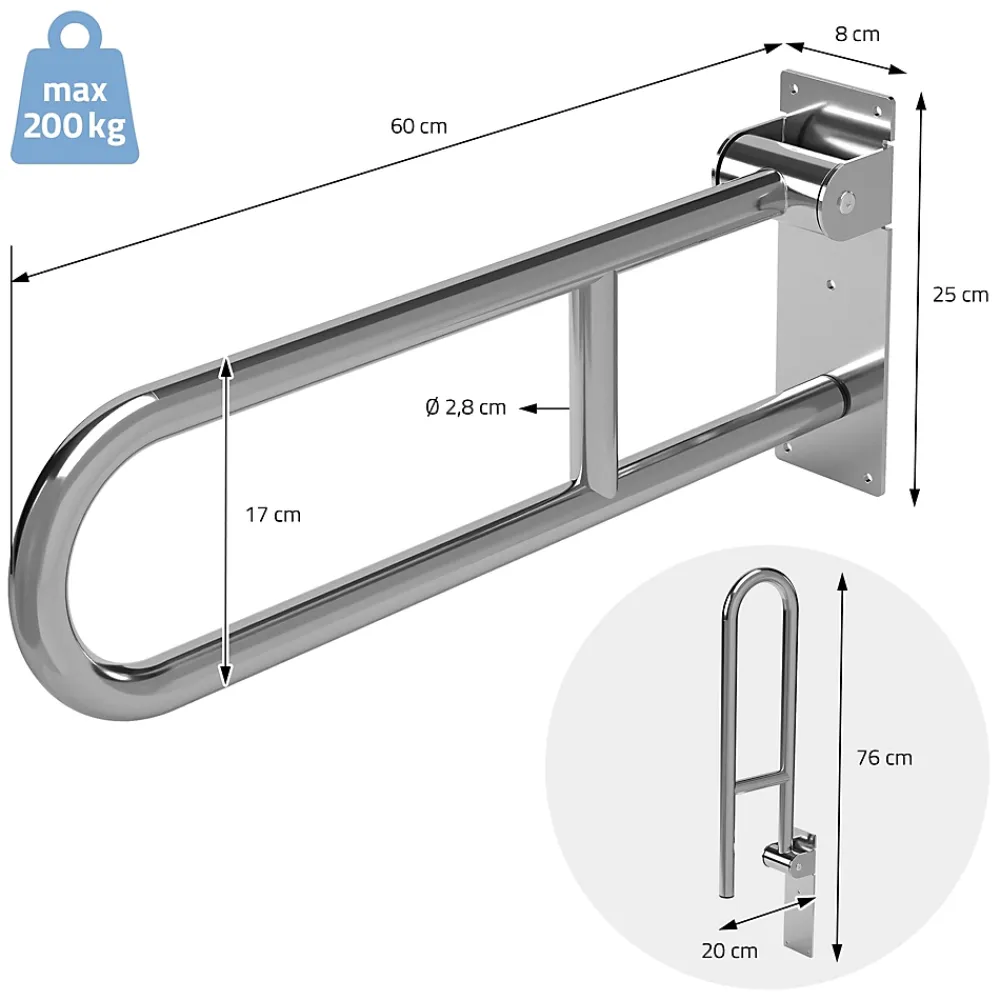 Ml-Design Barre dappui wc rabattable 60 cm en inox jusqua 200 kg pour personnes a mobilite reduite