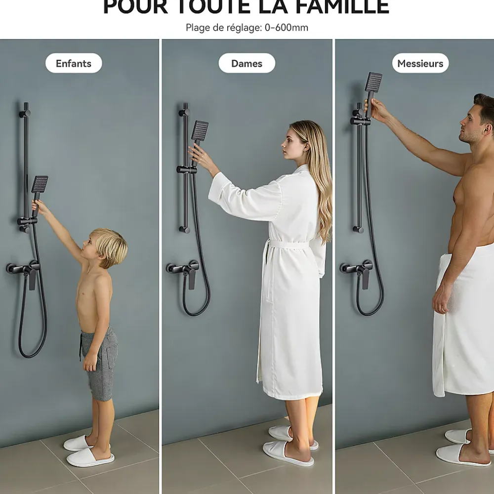 Auralum Max Barre de Douche en inox 70 cm avec Support de Pommeau de Douche, fixations murales réglables, Noir