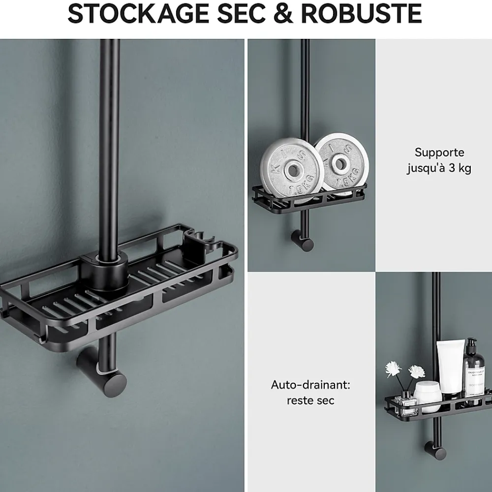 Auralum Max Barre de Douche en inox 70 cm avec Support de Pommeau de Douche, fixations murales réglables, Noir