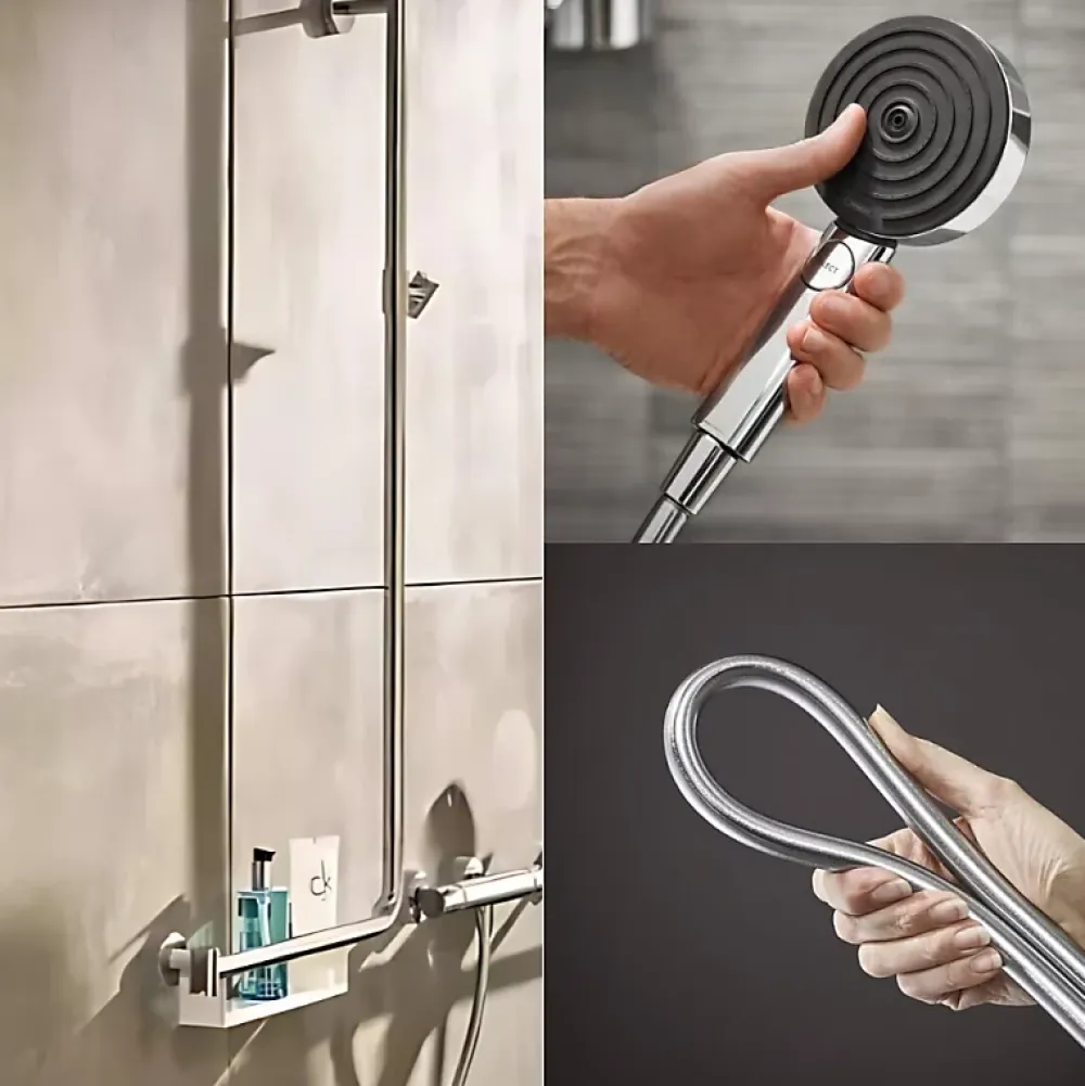 Pommeau De Douche, Flexible Et Barre De Douche|Hansgrohe Barre de douche PMR Unica 110 avec poignée à gauche Chromé + Pommeau de douche Pulsify 3 jets + flexible Isiflex 160cm