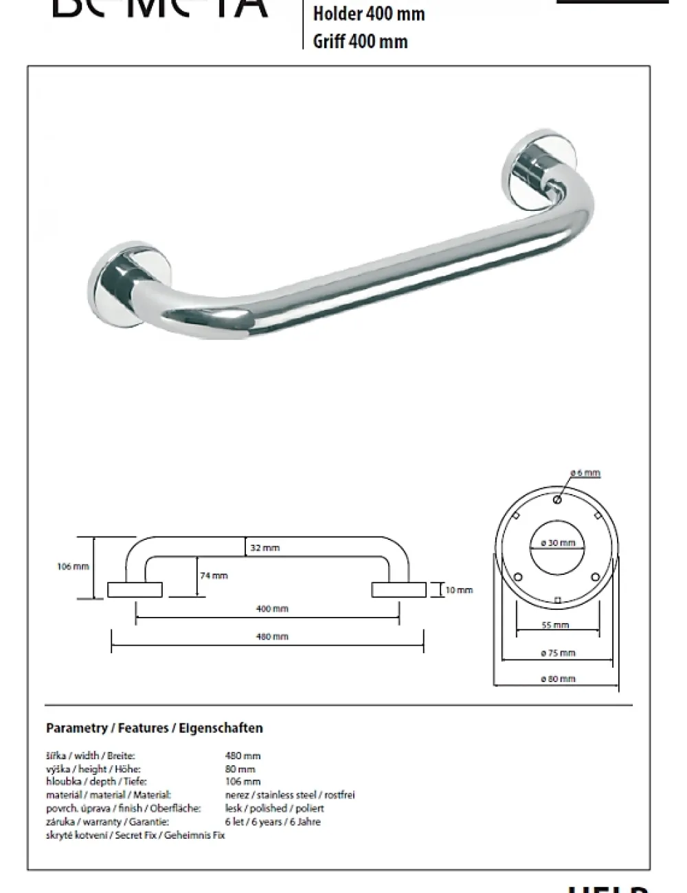 Barre D'Appui|Bemeta Barre de maintien de douche HELP en acier inoxydable-48x8x10,6cm--