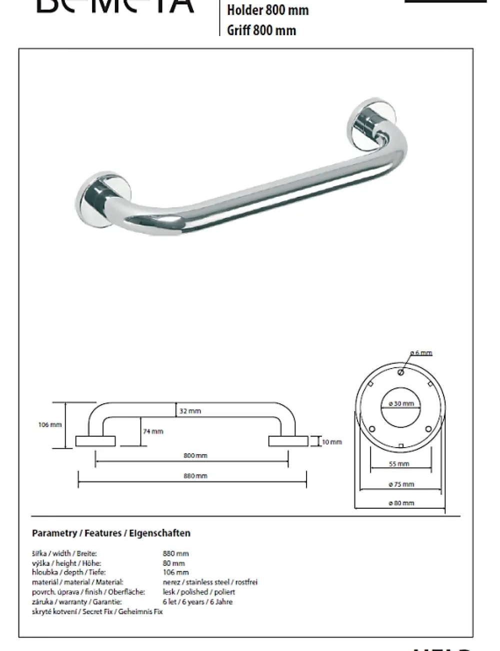 Barre D'Appui|Bemeta Barre de maintien de douche HELP en acier inoxydable-88x8x10,6cm--
