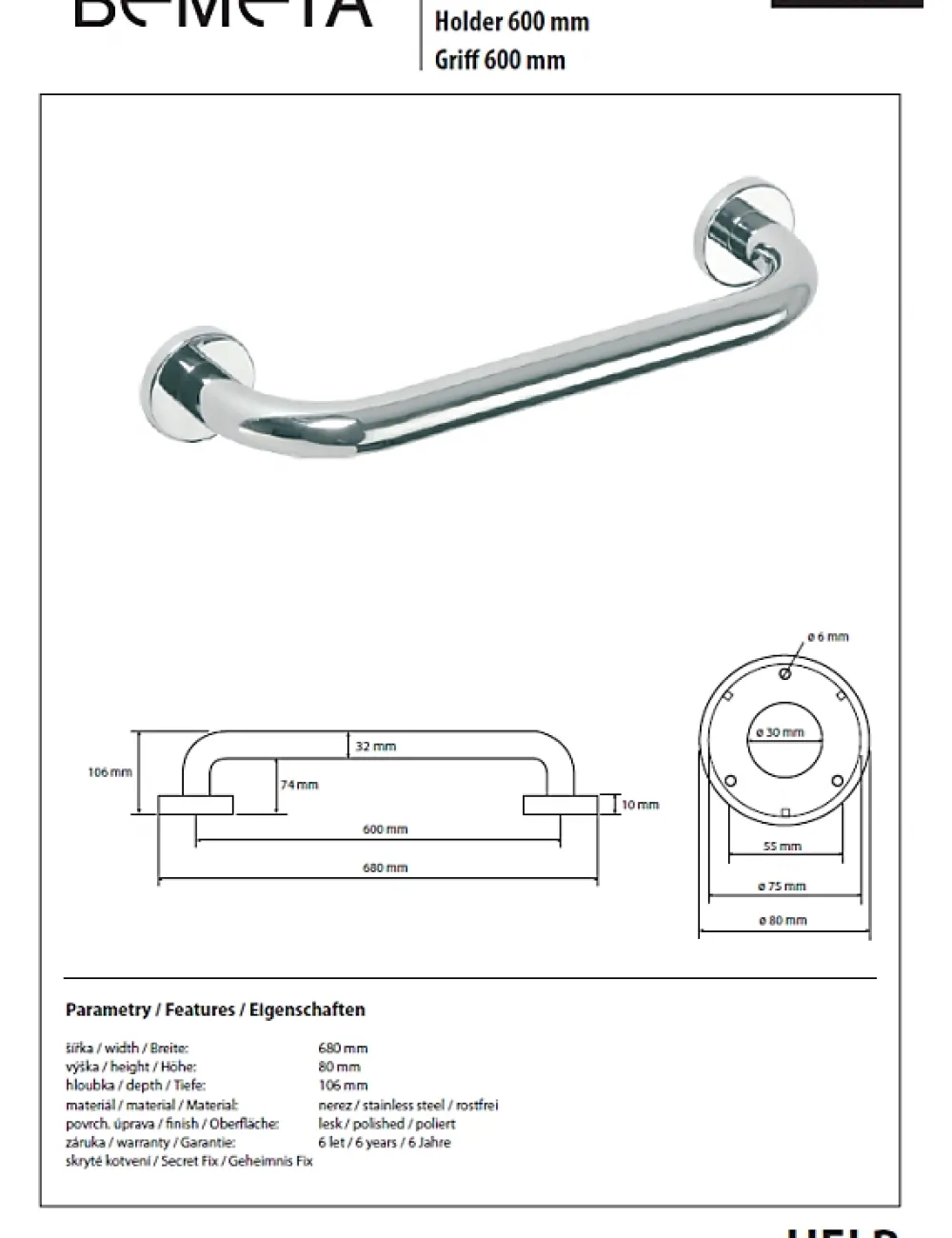Bemeta Barre de maintien de douche HELP en acier inoxydable-68x8x10,6cm--
