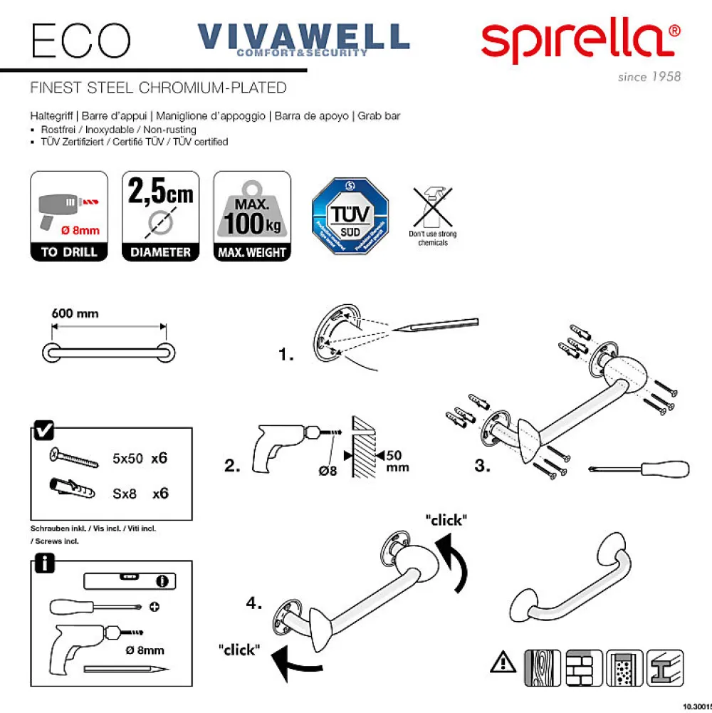 Spirella Barre de redressement ou d'appui ECO Acier Inox 60cm Chrome