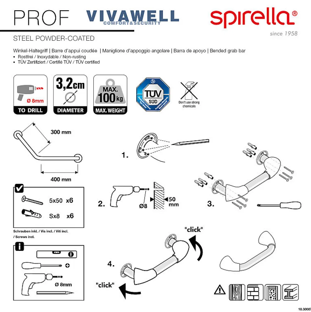 Spirella Barre de redressement ou d'appui coudée PROF Acier Inox 73,5cm Blanc