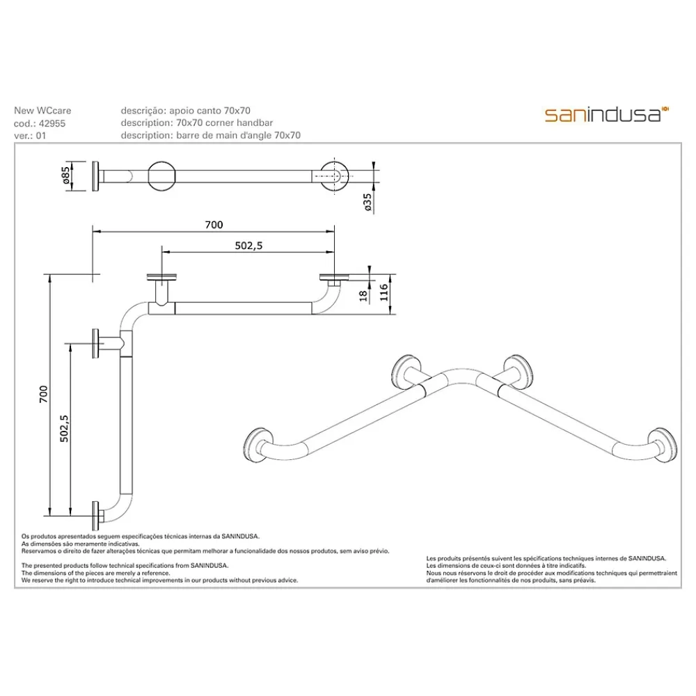Barre D'Appui|Sanindusa Barre de relèvement en angle coudée à 90 PMR normes handicapé NewWCCare inox brossé