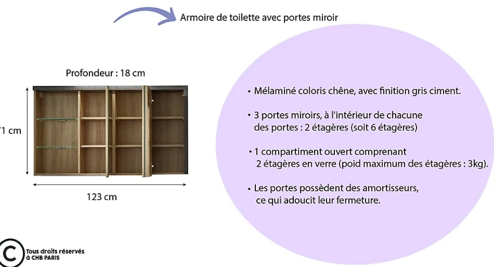 Armoire De Toilette|Trend Team BAY - Meuble salle de bain mélaminé. Armoire de toilette avec miroir. L - H - P : 123 - 71 - 18 cm