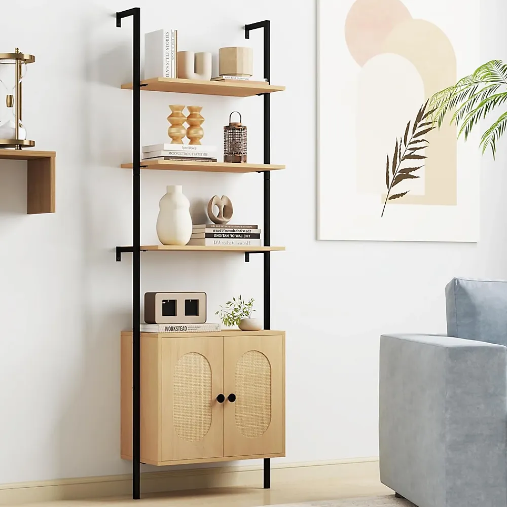 Giantex Bibliotheque avec 4 Niveaux d'Étagères Ouvertes en Bois,avec Cadre Métallique et Armoire 2 Niveaux, pour Salon, Chambre, Cuisine