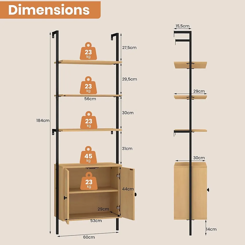 Giantex Bibliotheque avec 4 Niveaux d'Étagères Ouvertes en Bois,avec Cadre Métallique et Armoire 2 Niveaux, pour Salon, Chambre, Cuisine