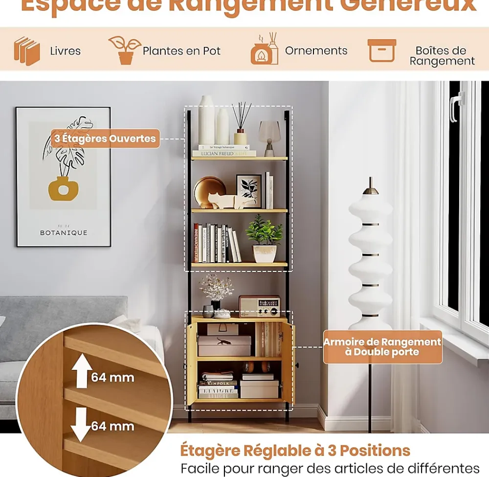 Giantex Bibliotheque avec 4 Niveaux d'Étagères Ouvertes en Bois,avec Cadre Métallique et Armoire 2 Niveaux, pour Salon, Chambre, Cuisine