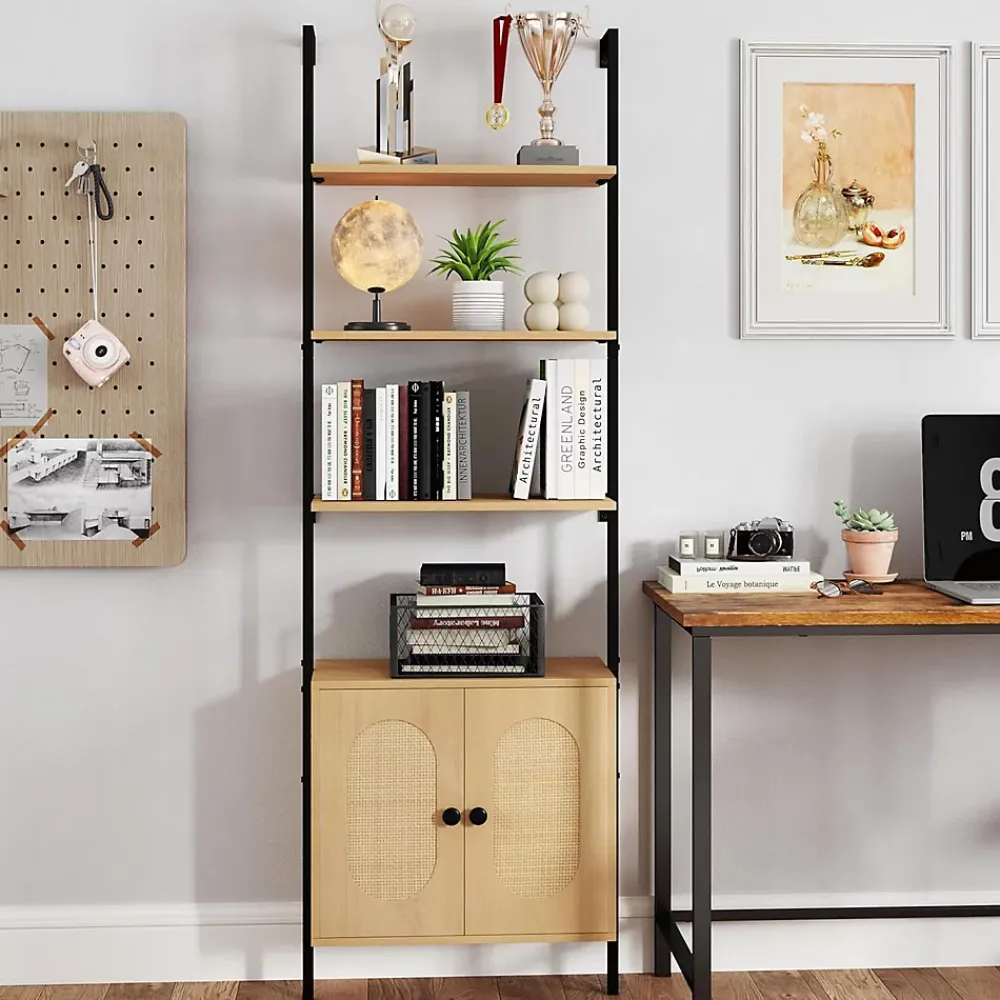 Giantex Bibliotheque avec 4 Niveaux d'Étagères Ouvertes en Bois,avec Cadre Métallique et Armoire 2 Niveaux, pour Salon, Chambre, Cuisine