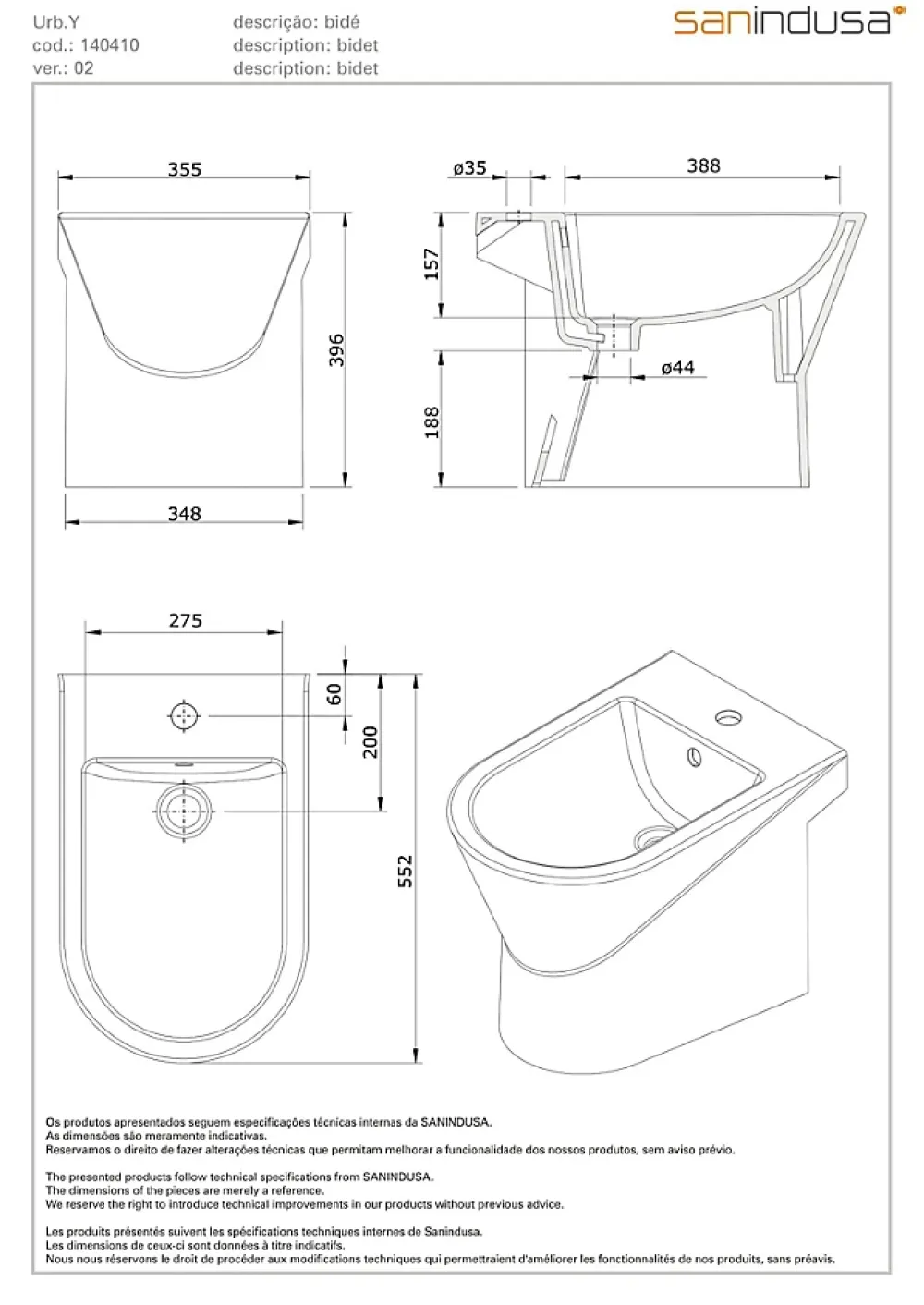 Bidet|Sanindusa Bidet à poser au sol céramique traditionnelle UrbY 55x35 blanc (robinet et vidage non inclus)