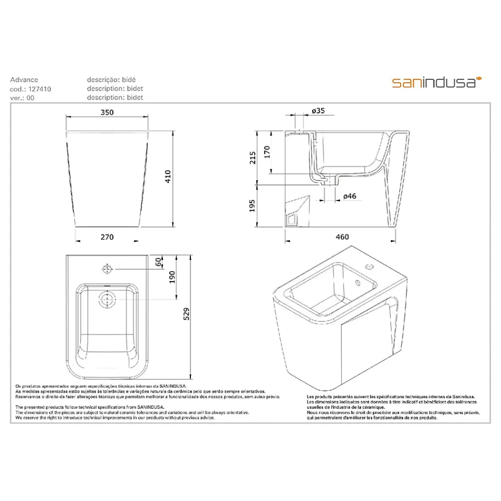 Sanindusa Bidet céramique traditionnelle a poser au sol Advance blanc (robinet et vidage non inclus)