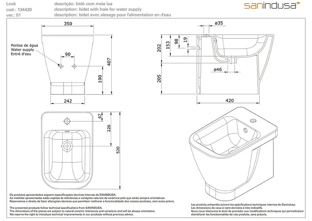 Sanindusa Bidet céramique traditionnelle Look a poser au sol avec trou passage flexible blanc