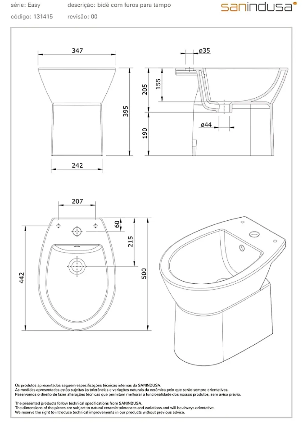 Sanindusa Bidet Easy céramique traditionnelle pose au sol avec trous pour abattant blanc