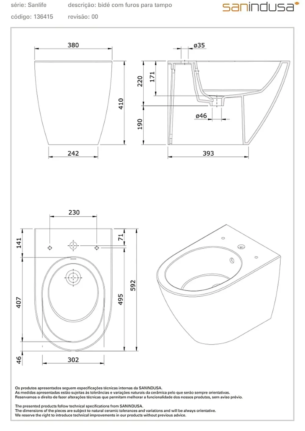 Sanindusa Bidet Sanlife céramique traditionnelle avec trous pour abattant (non inclus) blanc