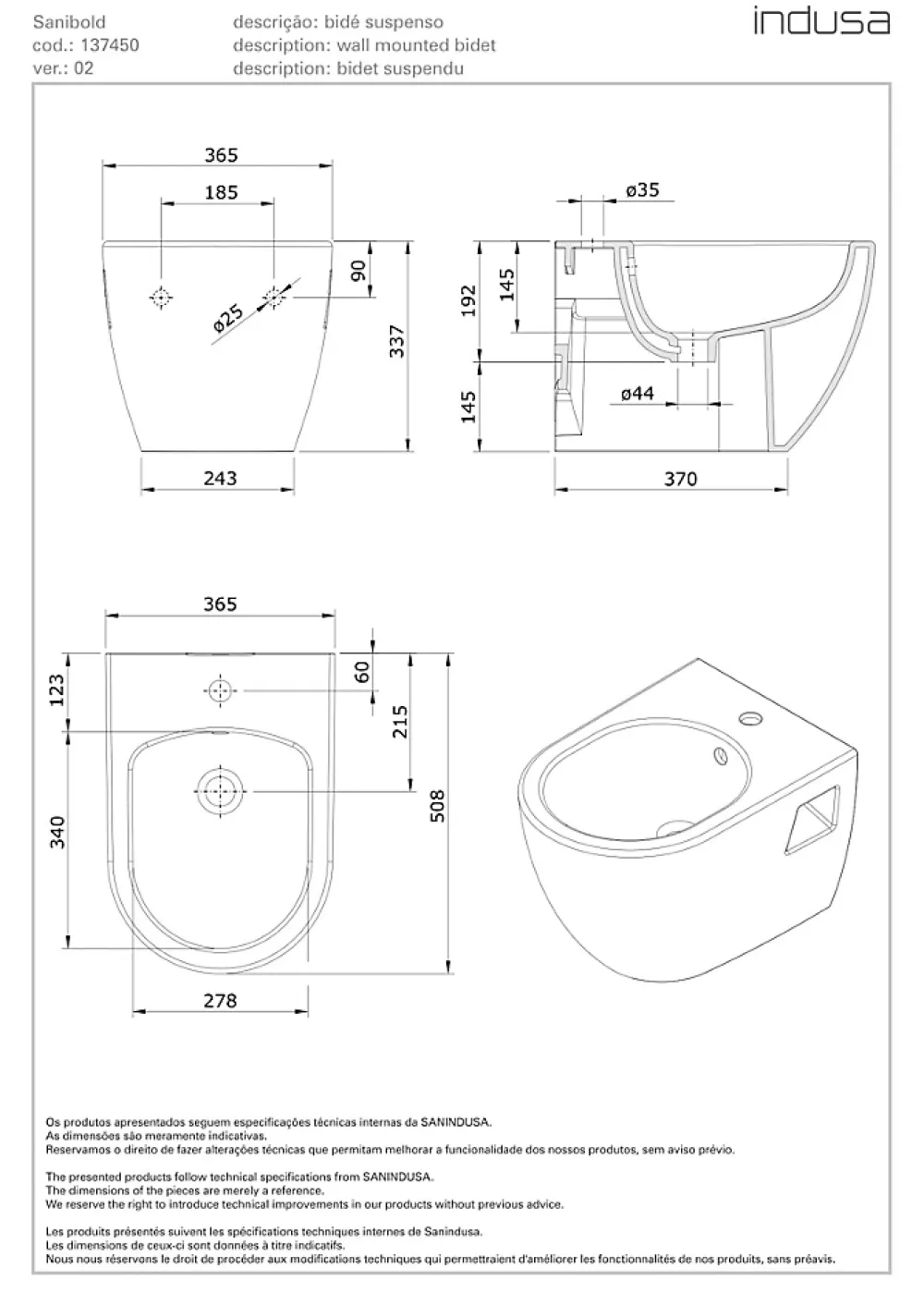 Sanindusa Bidet suspendu céramique traditionnelle Sanibold 50 blanc