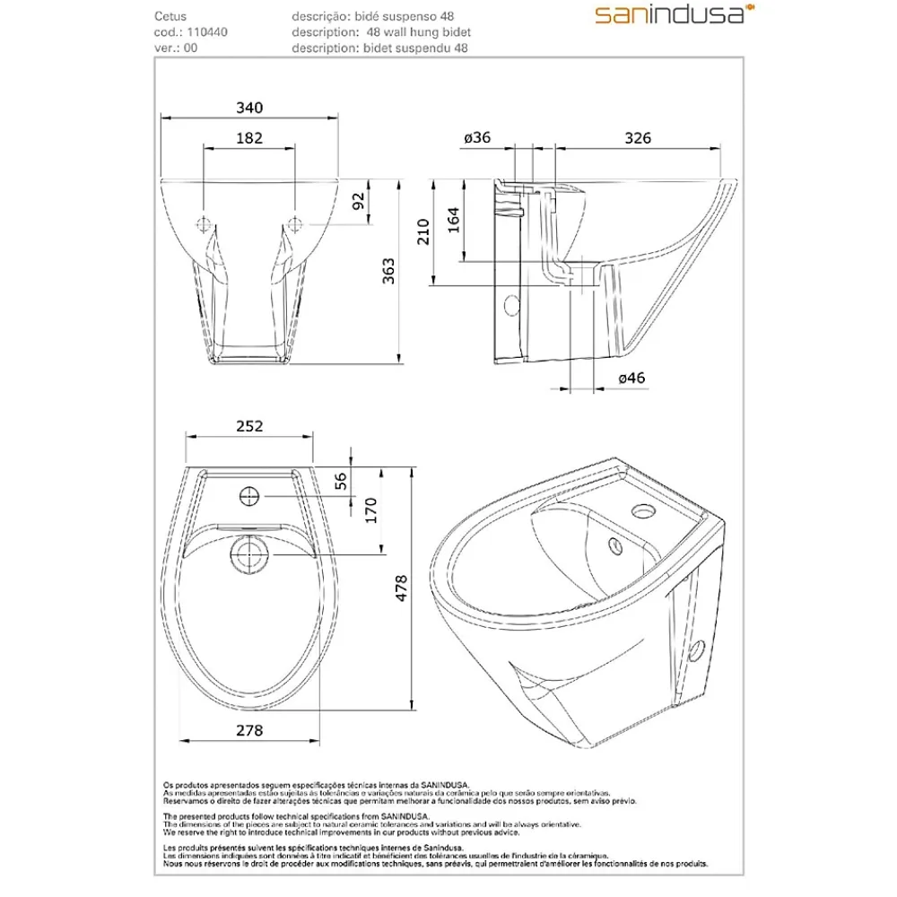 Bidet|Sanindusa Bidet suspendu céramique traditionnelle Cetus 48 blanc