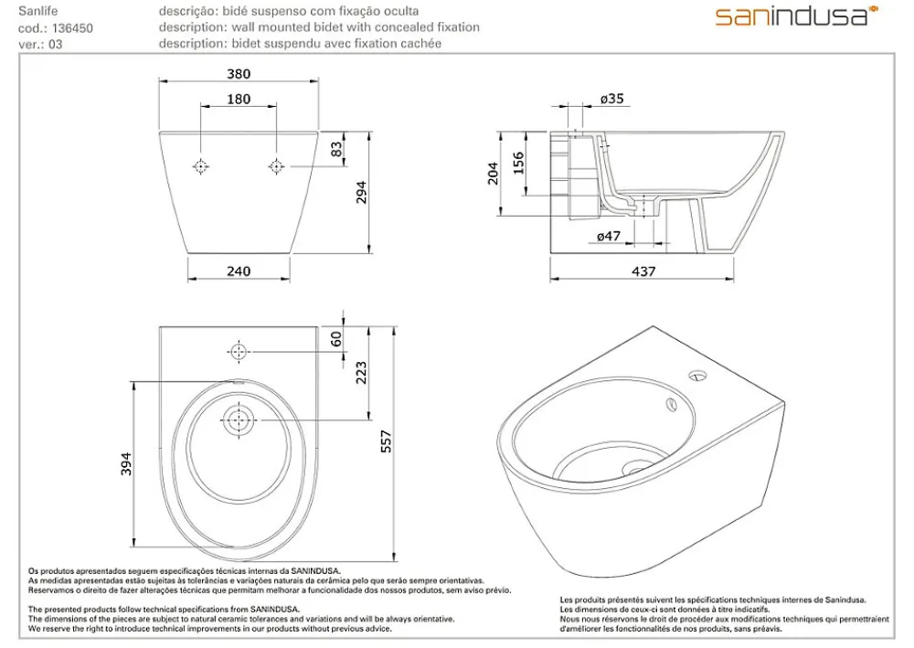 Bidet|Sanindusa Bidet suspendu céramique traditionnelle 56 Sanlife blanc mate