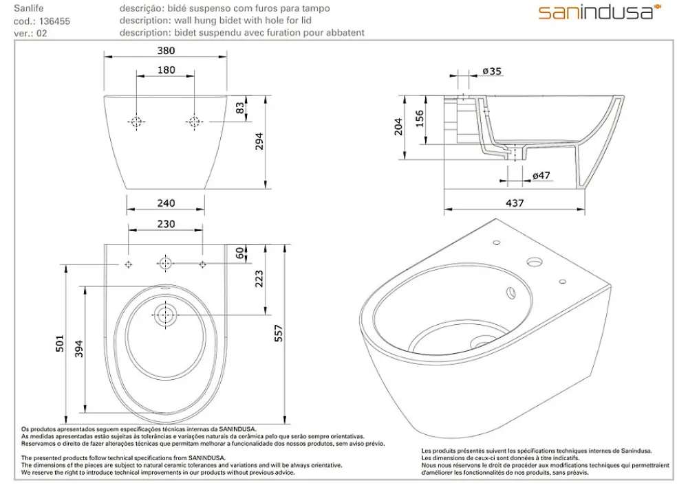 Sanindusa Bidet suspendu céramique traditionnelle Sanlife avec trous pour abattant (abattant non compris) blanc