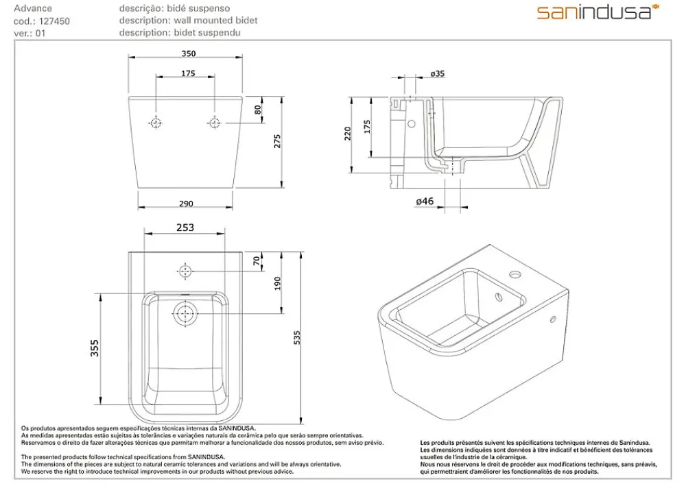 Sanindusa Bidet suspendu céramique traditionnelle Advance blanc