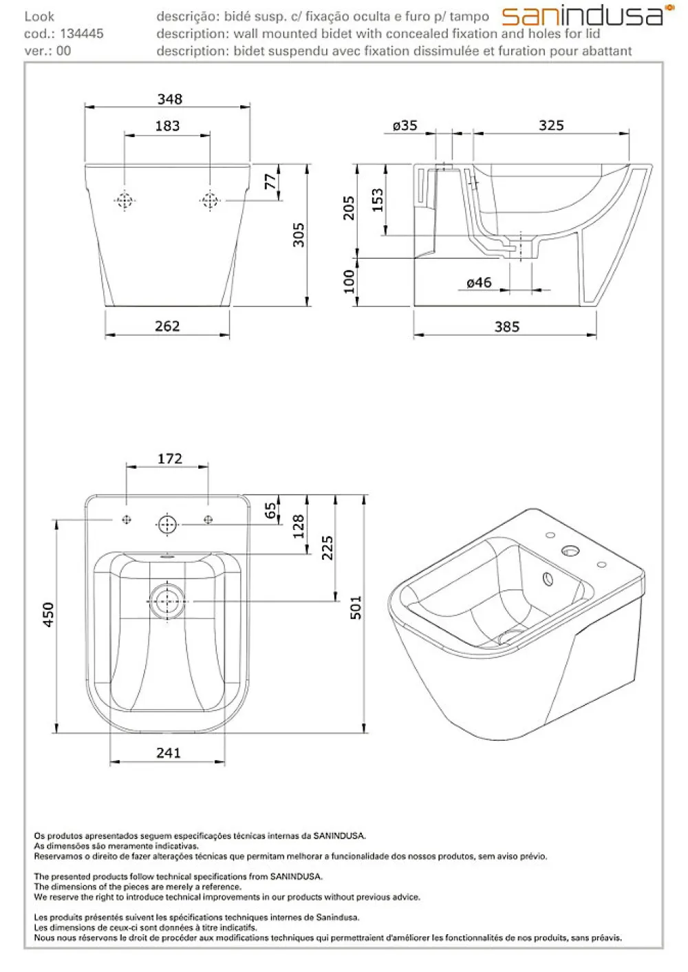 Sanindusa Bidet suspendu céramique traditionnelle Look avec trous pour abattant blanc (abattant, robinet et vidage non inclus)