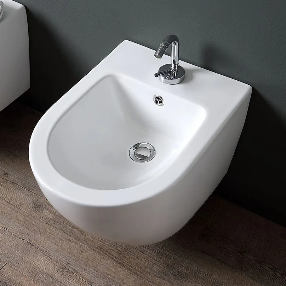 Bidet|Kiamami Valentina Bidet Suspendu Rond Blanc En Céramique Avec Évacuation Murale - Folk
