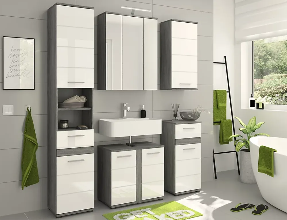 Meuble De Salle De Bains Faible Profondeur|Xonox Blake - Meuble bas en mélaminé blanc et argenté (L/H/P : 35x79x31 cm)