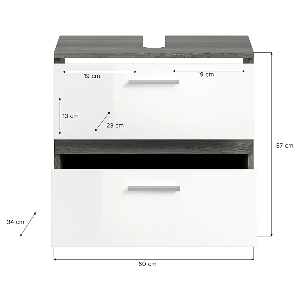 Meuble Sous Lavabo|Xonox Blake - Meuble sous-lavabo en mélaminé blanc et argenté (L/H/P : 60x57x34 cm)