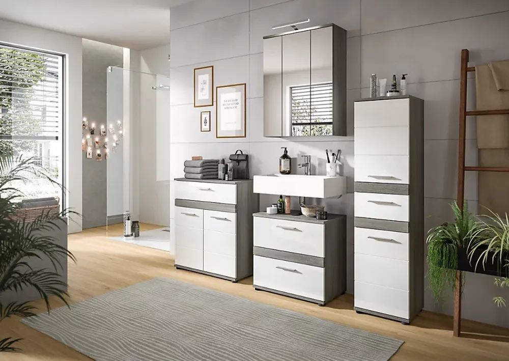 Meuble Sous Lavabo|Xonox Blake - Meuble sous-lavabo en mélaminé blanc et argenté (L/H/P : 60x57x34 cm)