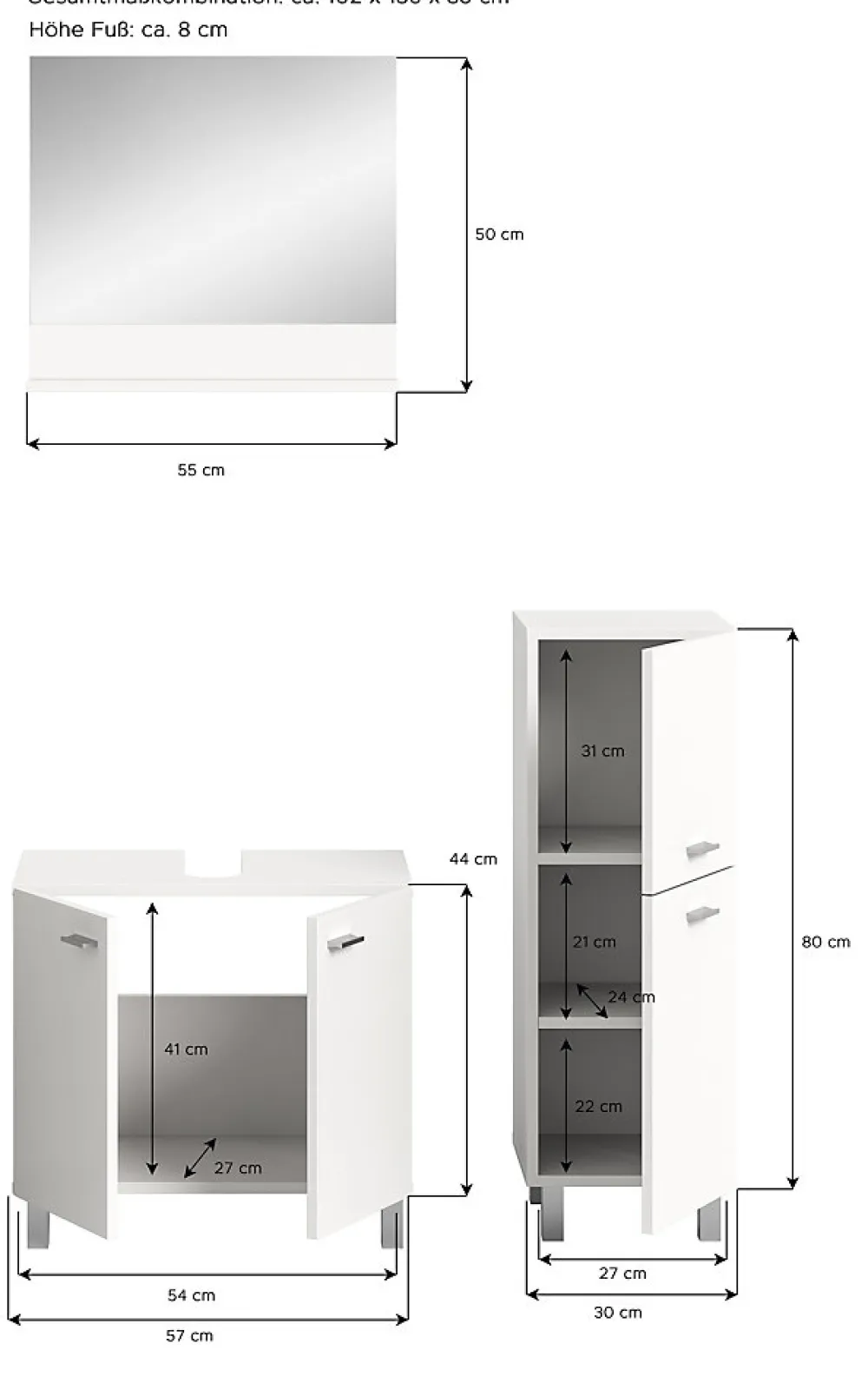 Meuble Sous Lavabo|Xonox Boston - Ensemble de 3 meubles de salle de bains (L/H/P : 102x186x33 cm) en mélaminé blanc, vasque non incluse
