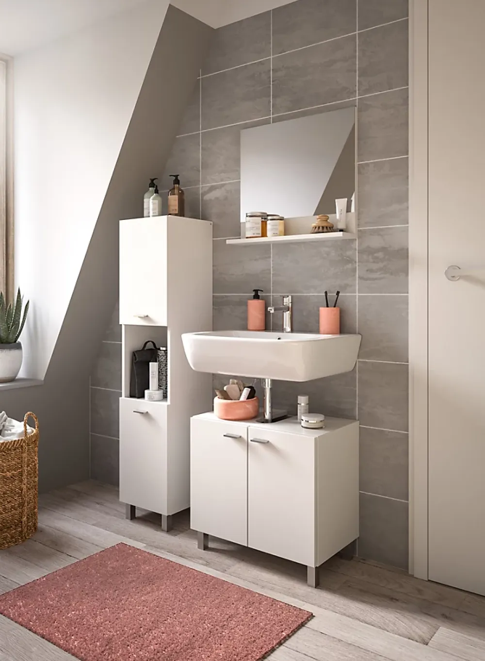 Meuble Sous Lavabo|Xonox Boston - Ensemble de 3 meubles de salle de bains (L/H/P : 102x186x33 cm) en mélaminé blanc, vasque non incluse