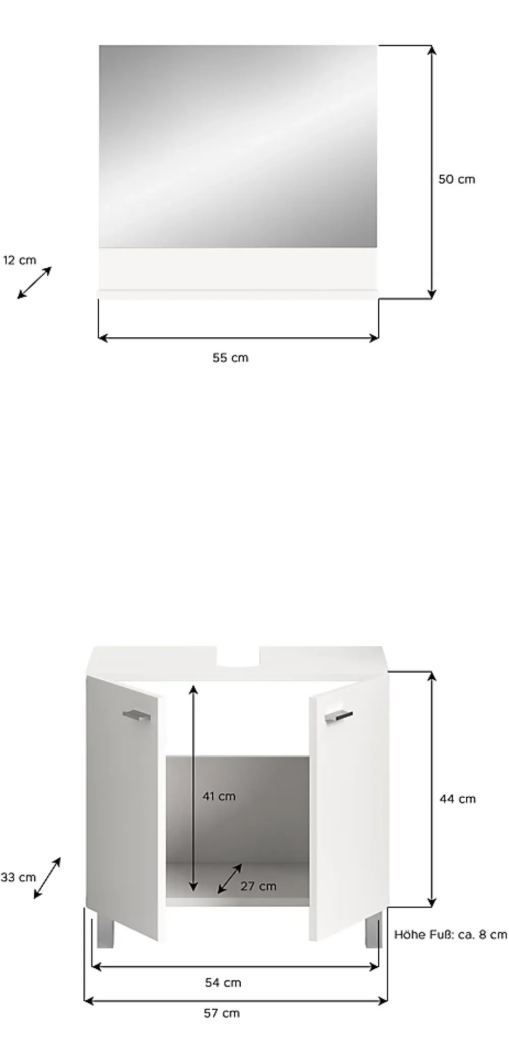 Meuble Sous Lavabo|Xonox Boston - Meuble sous lavabo et miroir (L/H/P : 57x44x33 cm) en mélaminé blanc, vasque non incluse