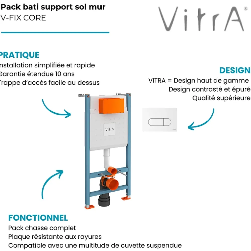 Wc Suspendu|Vitra Bâti support V-Fix Core mur porteur + Plaque Root Round Blanche