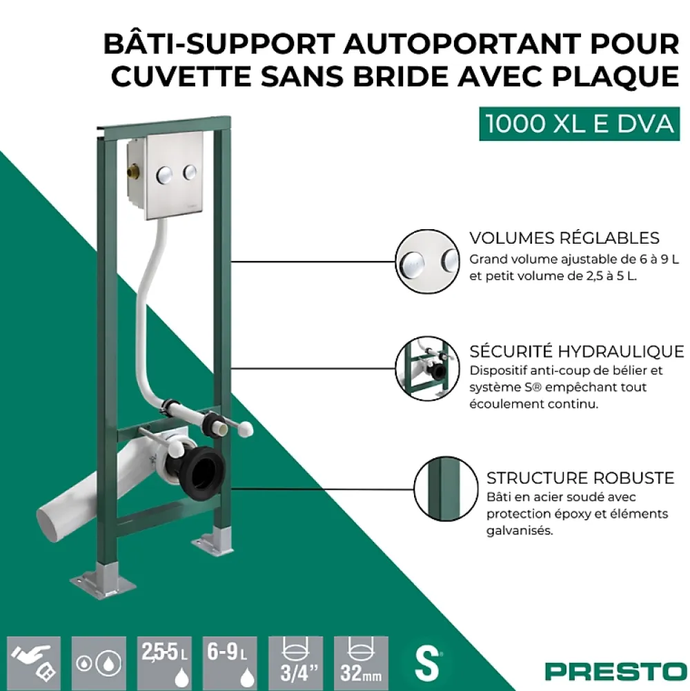 Wc Suspendu|Presto Bâti-support autoportant pour cuvette sans bride 1000 XL E DVA avec plaque