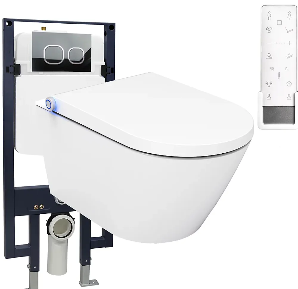 Wc Japonais|Bernstein Bâti-support Toilettes Japonais céramique, WC lavant japonais + télécommande - 38,4x59,3x38cm - PRO+ 1102 - Plaque 4111 satin