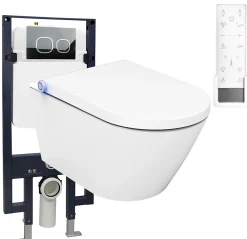 Bernstein Bâti-support Toilettes Japonais céramique, WC lavant japonais + télécommande - 38,4x59,3x38cm - PRO+ 1102 - Plaque 4112 blanc mat