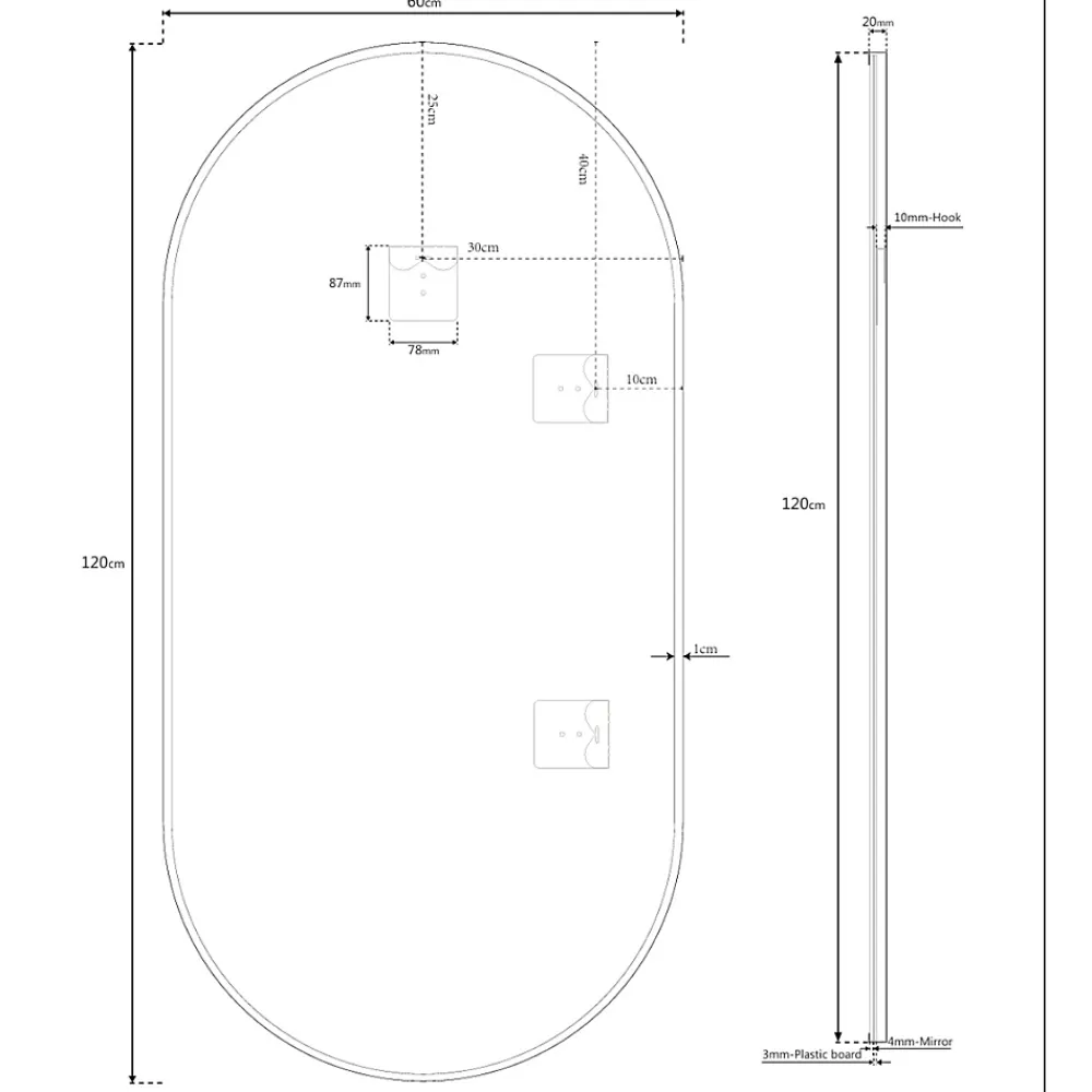 Naturel B-Way 120x60 cm miroir suspendu ovale, cadre en aluminium, noir (ZBWOV12060C)