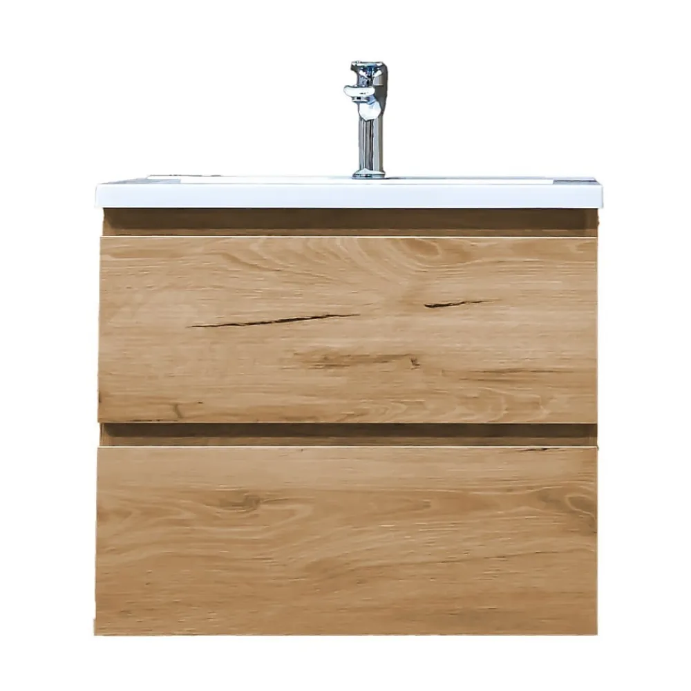 Meuble Vasque|Swiss Aqua Technologies B-Way 59x50x45 cm meuble de salle de bain suspendu 2 tiroirs avec lavabo en marbre coulé, chêne mat (BWAY260OAKU)