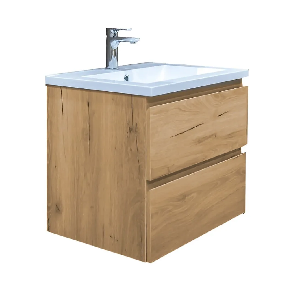 Meuble Vasque|Swiss Aqua Technologies B-Way 59x50x45 cm meuble de salle de bain suspendu 2 tiroirs avec lavabo en marbre coulé, chêne mat (BWAY260OAKU)