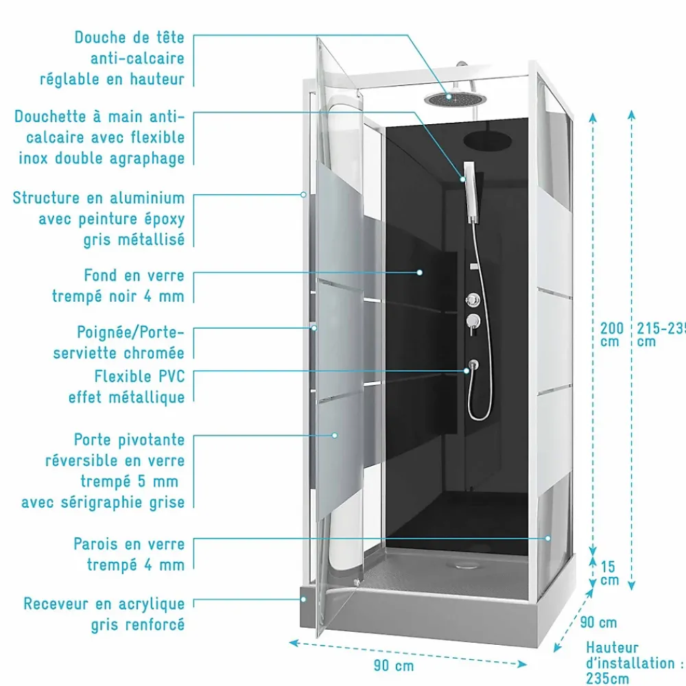 Aurlane Cabine de douche 90 carrée 90x90x225cm - SCRATCHY 90