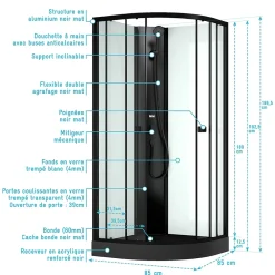 Aurlane Cabine de douche 1/4 de cercle 85x85x200 cm - Portes coulissantes - Receveur Noir Mat