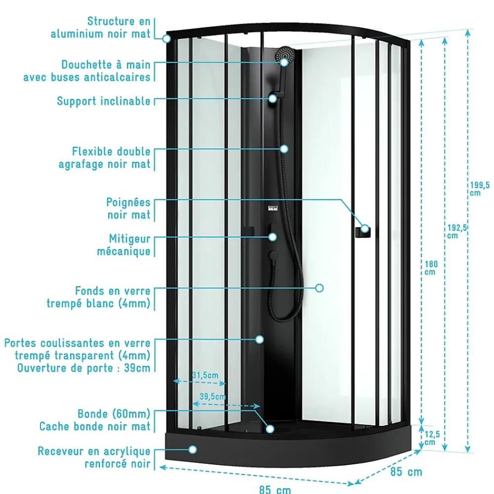 Aurlane Cabine de douche 1/4 de cercle 85x85x200 cm - Portes coulissantes - Receveur Noir Mat