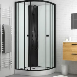 Aurlane Cabine de douche 1/4 de cercle 85x85x200 cm - Portes coulissantes - Fonds Blancs & Profilés Noir Mat
