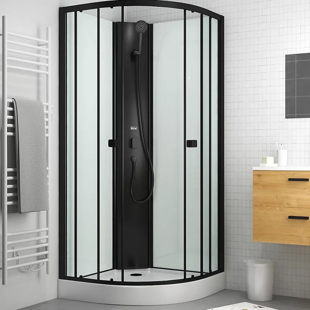 Aurlane Cabine de douche 1/4 de cercle 85x85x200 cm - Portes coulissantes - Fonds Blancs & Profilés Noir Mat