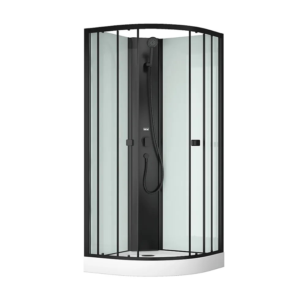 Aurlane Cabine de douche 1/4 de cercle 85x85x200 cm - Portes coulissantes - Fonds Blancs & Profilés Noir Mat