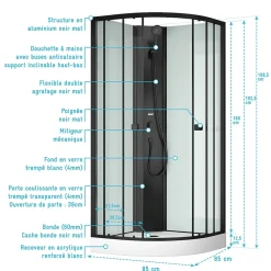 Aurlane Cabine de douche 1/4 de cercle 85x85x200 cm - Portes coulissantes - Fonds Blancs & Profilés Noir Mat