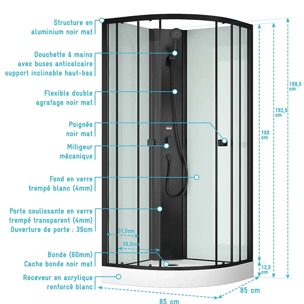 Aurlane Cabine de douche 1/4 de cercle 85x85x200 cm - Portes coulissantes - Fonds Blancs & Profilés Noir Mat